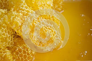 Yellow honeycomb with sweet honey as a background