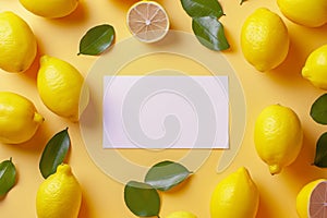 Yellow horizontal mockup with lemons and empty space for text in the middle. White sheet of blank paper, bright juicy lemons,