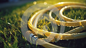 Yellow hose-pipe lying on a green grass. Sunny weather and morning dew droplets.