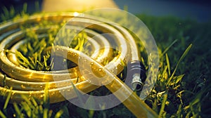 Yellow hose-pipe lying on a green grass. Sunny weather and morning dew droplets.