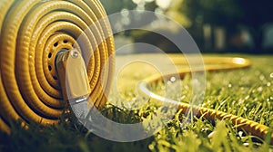 Yellow hose-pipe lying on a green grass. Sunny weather and morning dew droplets.