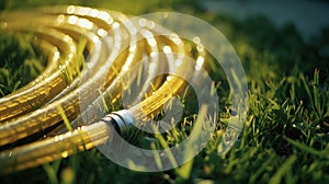 Yellow hose-pipe lying on a green grass. Sunny weather and morning dew droplets.