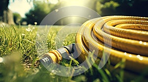 Yellow hose-pipe lying on a green grass. Sunny weather and morning dew droplets.