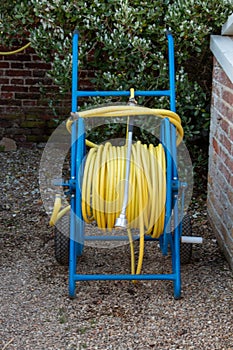 Yellow hosepipe on a blue reel