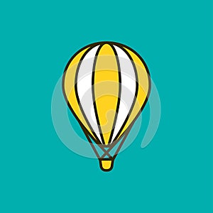 Yellow hot air balloon with outline. Flat cartoon icon. Vector illustration isolated on blue