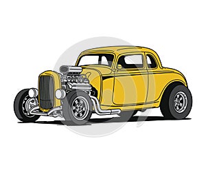 Yellow Hot Rod Vector - Vintage Side View Cartoon Style