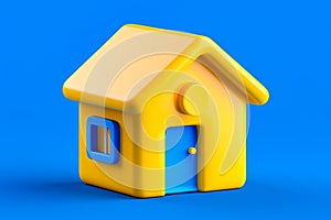 Yellow house with blue door and window on blue background. Generative AI