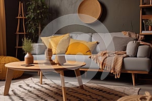 yellow house cushion sofa decor pillow interior armchair modern home grey. Generative AI.