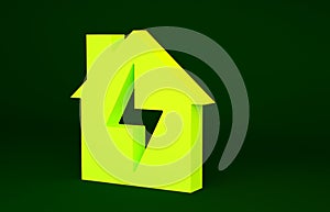 Yellow House and lightning icon isolated on green background. Home energy. Minimalism concept. 3d illustration 3D render