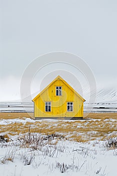 A yellow house is standing in a snowy field
