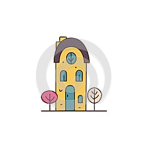 Yellow house vector illustration in cartoon style. Flat modern house in nature. Clear colors illustration for game,ui
