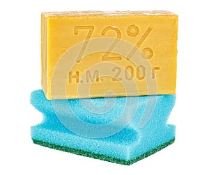 Yellow household soap with blue sponge for washing dishes isolated on white background