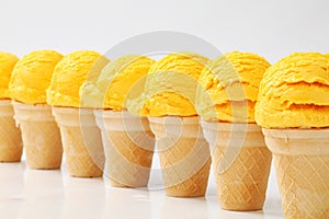 Yellow ice cream cones in a row