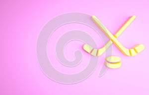 Yellow Ice hockey sticks and puck icon isolated on pink background. Game start. Minimalism concept. 3d illustration 3D