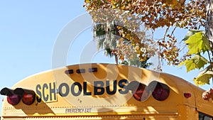 Yellow iconic school bus in Los Angeles, California USA. Classic truck for students back view. Vehicle stoplights for safety of