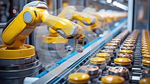 Yellow industrial robot arm at production line at modern bright factory