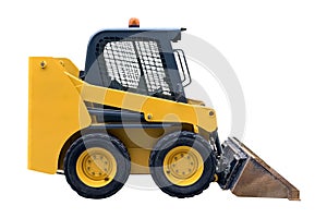 Yellow industrial street tractor for road works with a bucket isolated on a white background