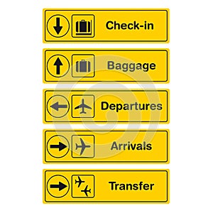 Yellow information airport signs on a white background