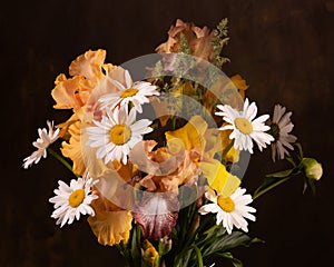 Yellow irises and chamomile -beautiful bright fresh spring flowers