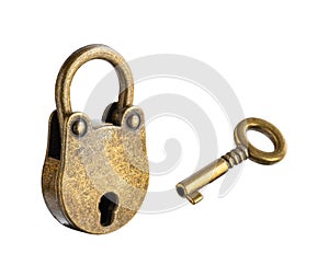 Yellow iron hinged lock, key. Metal product, bronze, brass. Isolated object on white background.