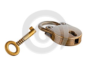 Yellow iron hinged lock, key. Metal product, bronze, brass. Isolated object on white background.