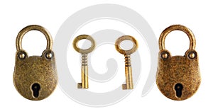 Yellow iron hinged lock, key. Metal product, bronze, brass. Isolated object on white background.