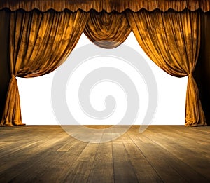 yellow isolated PNG of a stage room with yellow curtains.
