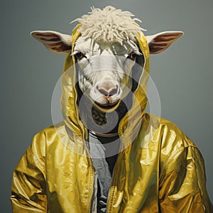 Yellow Jacket Sheep: Hyper-realistic Portrait Painting In Post-painterly Style