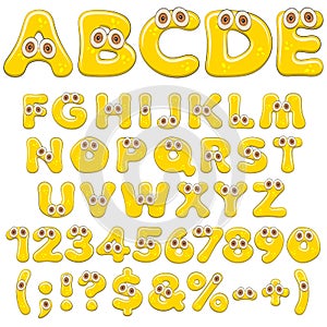 Yellow jelly alphabet, letters, numbers and characters with eyes. Isolated colored vector objects.
