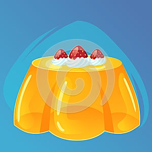 Yellow jelly puddingwith strawberries and cream game icon, cartoon food, vector illustration eps10