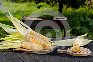 Yellow juicy corn with green leaves lies on a wooden table in the summer garden against the backdrop of a grill