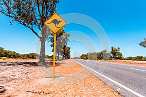 Yellow kangaroo sign on Australian country road