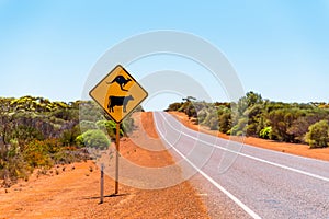 Yellow kangaroo sign on Australian country road