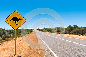 Yellow kangaroo sign on Australian country road