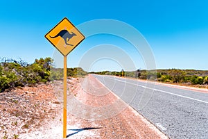 Yellow kangaroo sign on Australian highway