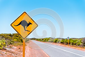 Yellow kangaroo sign on Australian highway