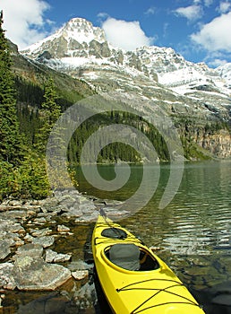 Yellow kayak at Lake O'Hara, Yoho National Park, Canada