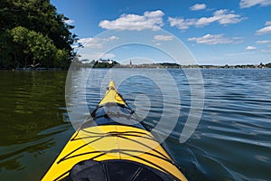 yellow Kayak on ploner ploener  lake in, plon  castle, Plon Ploen Germany