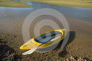 Yellow kayak on the side of the water