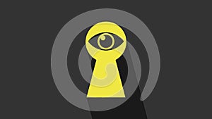 Yellow Keyhole with eye icon isolated on grey background. The eye looks into the keyhole. Keyhole eye hole. 4K Video