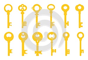 Yellow keys set isolated on white background. Cartoon style. Vector illustration for any design