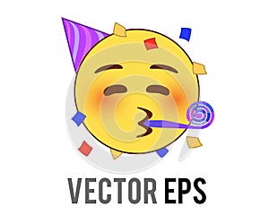 Yellow kissing mouth flat icon with red cheek face, party hat and confetti
