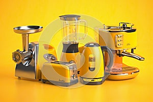 Yellow kitchen appliances on yellow background. Set of home kitchen technics