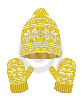 Yellow knitted winter hat and gloves