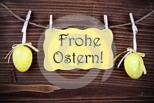 Yellow Label With Two Easter Eggs And Frohe Ostern