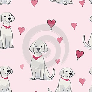 Yellow labrador retriever background with pink hearts. Line sketch. Valentine\'s day seamless repeating background pattern