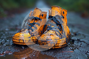 Yellow lace-up high boots are standing in the mud in the rain