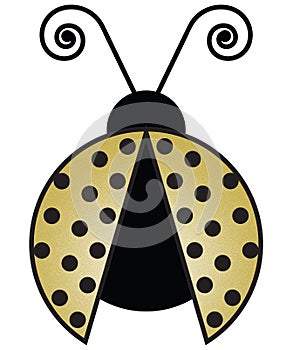 Yellow Ladybug with Curly Antena and Polka Dot Wings Illustration on White Background with Clipping Path