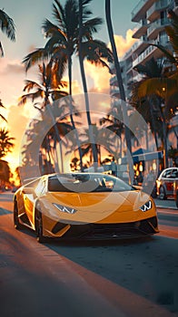 Yellow Lamborghini Huracan cruises down tropical street at sunset photo