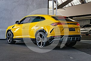 Yellow Lamborghini Urus SUV, Rear View